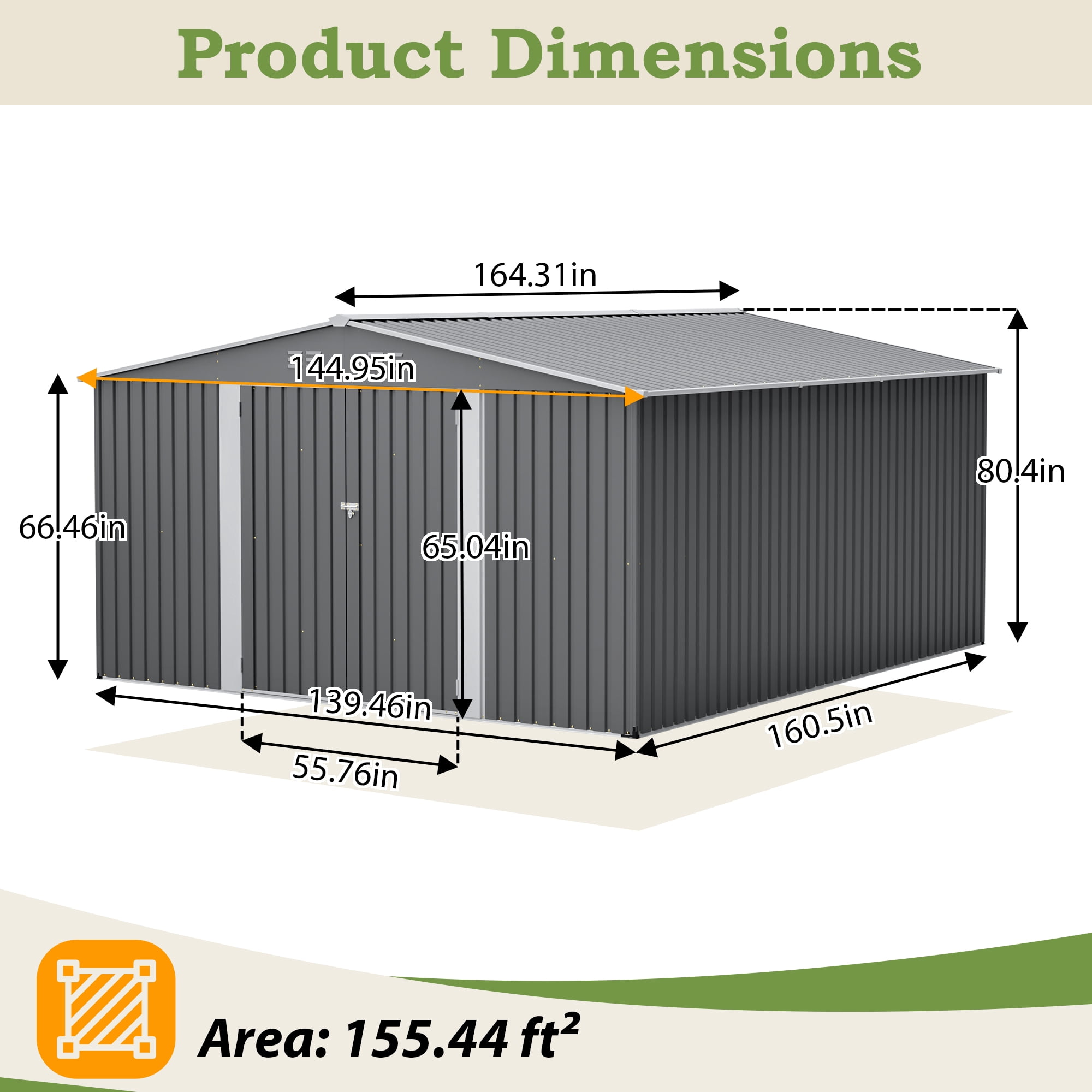 LZBEITEM 12'x14' Outdoor Metal Shed with Floor Frame kit , Updated Frame & Lockable Doors for Backyard, Garden, Lawn, Gray