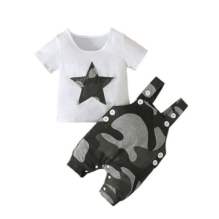 

LAPAKIDS 18-24 Months Baby Boy Girl Tops Short Sleeve Camouflage Print + Suspender Pants Clothes Outfits