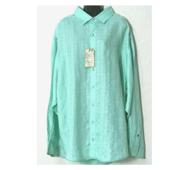 Caribbean Solid Linen Long-Sleeve Woven Shirt, Light Blue Aqua, L