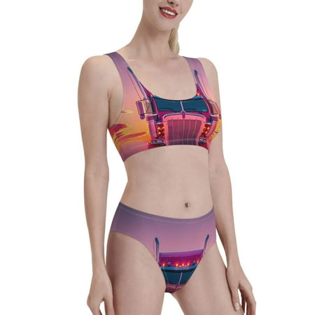 Uemuo Sunset Truck Highway Printed Women s High Waisted Bikini Sets Sporty Two Piece Swimsuits Color Block Cheeky High Cut Bathing Suits-Large