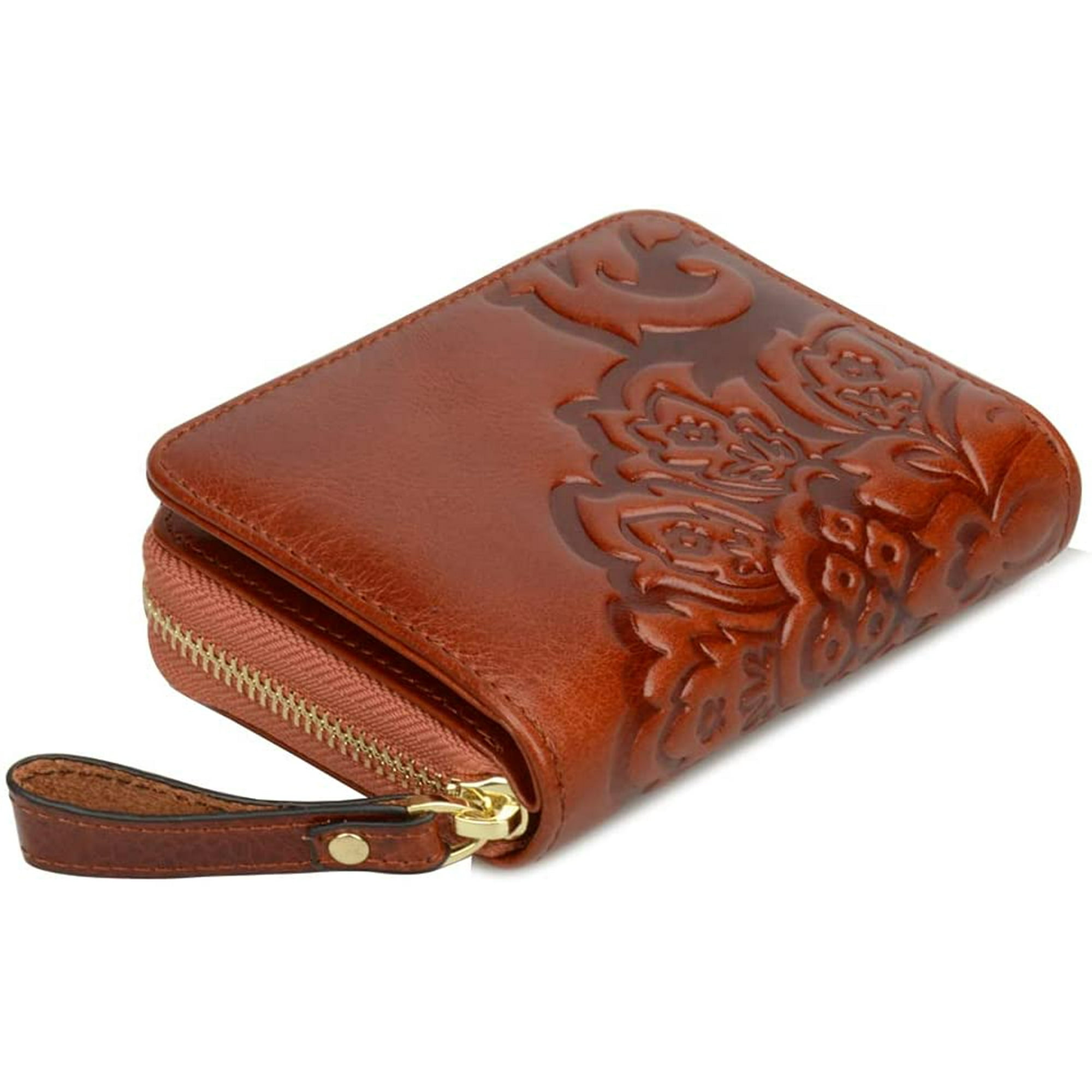HTOOQ Women s Flora Genuine Leather Designer Wallets Money Organizer Card Case Small 4 W x 1.57 D x 4.9 H Brown Brown Small 4 W x
