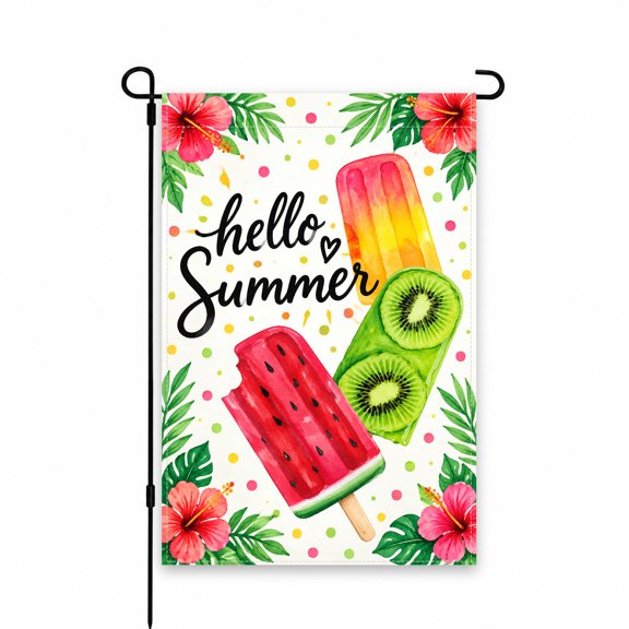 Hello Summer Garden Flag 12 x 18 Inch with Tropical Flowers, Watermelon, Kiwi Popsicle Design for Patio, Porch, Yard, or Outdoor Summer Decor