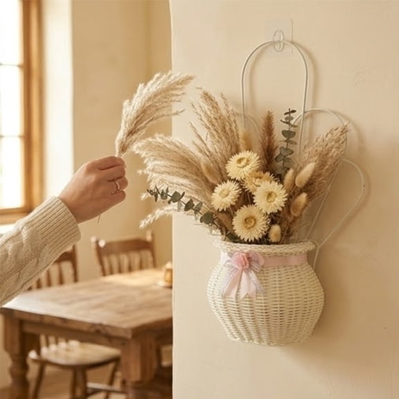 Darzheoy Scalloped Wall Basket, Plastic Vine-Inspired Woven Wall Mounted Vase, No Drilling Required Flower Basket Hanging Pot, Suitable for Living Room, Garden, Patio, Home, Wall Decor