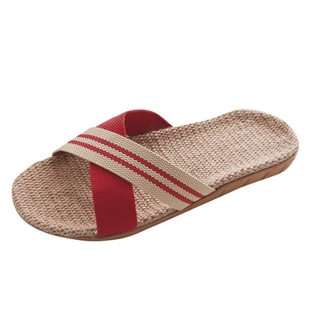 

uikmnh Women Slippers Women s Anti-slip Linen Home Indoor Open Toe Flat Shoes Beach Slippers Red 5.5