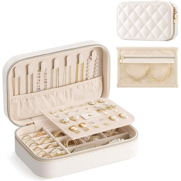 Lolalet Small Portable Jewelry Box, Travel Jewelry Organizer for Necklace Bracelet Earring Ring -Medium/Beige