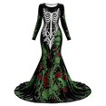 thumbnail image 4 of Xijirk Women Halloween Skull Rose Embroidered Maxi Dress Long Sleeve Round Neck Velvet Trailing Hem Outfit for Cosplay Party Festival Casual Gathering Wear,3XL, 4 of 4