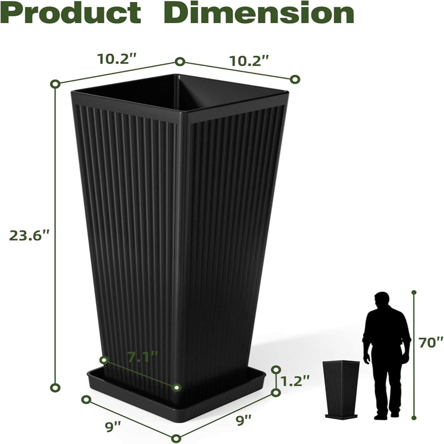 TOPCOMFY Tall Planters for Outdoor Plants Set of 2, 23.6" Modern Tapered Indoor Flower Pots with Drainage Holes/Partition/Tray for Porch Patio Garden, Black