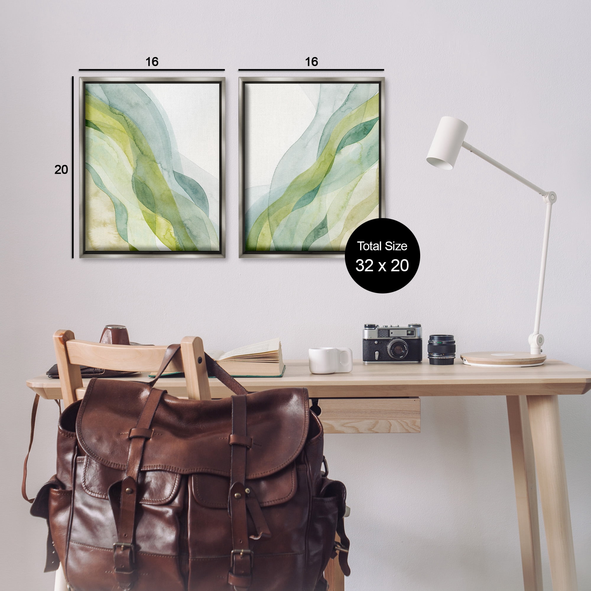 Stupell Industries Abstract Green Waves Abstract Painting Gray Floater Framed Canvas Art Print Wall Art, 17 x 21, Set of 2