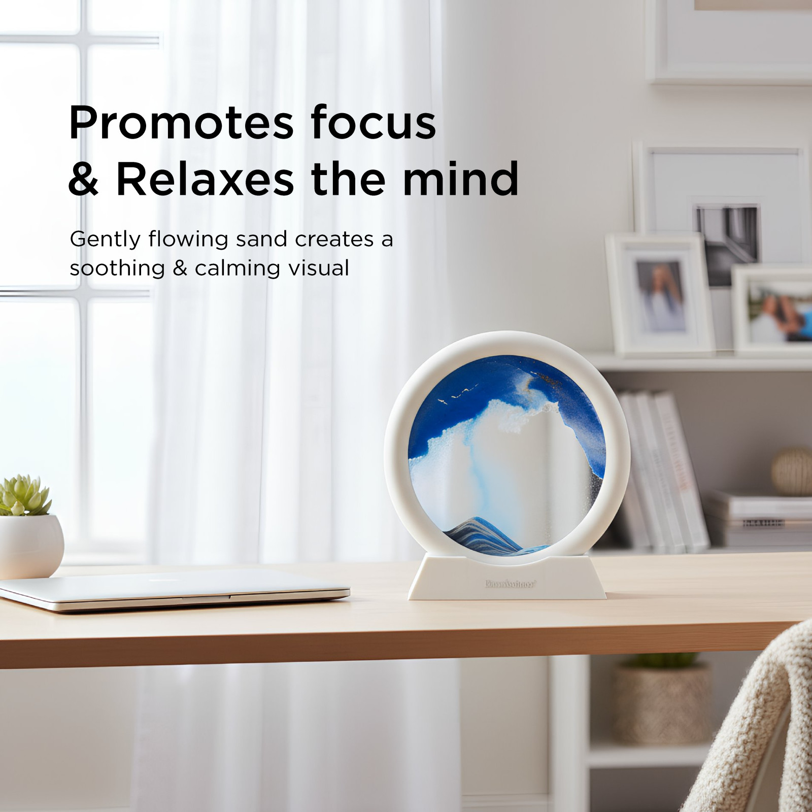 Brookstone Gently Flowing Sand Motion Desk Decor – Relaxing Visual Stress Relief Ornament with Scenic Stand, Calming Office & Home Mindfulness Display