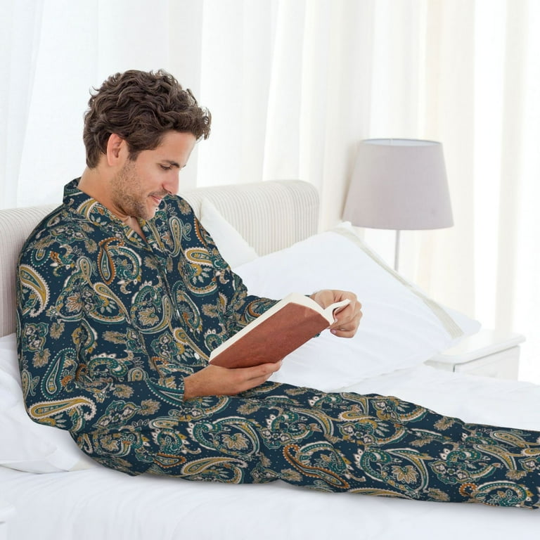 KLL Indian Paisley Sleepwear Mens Flannel Pajamas,Long Cotton Pj