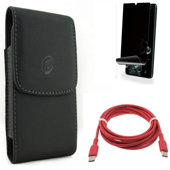 Case Belt Clip w Red 6ft Long Cable w Privacy Screen Protector for Samsung Galaxy S20 Ultra - Leather Holster Cover, USB-C to Type-C PD Fast Charger Cord, TPU Film [NOT GLASS] fits Galaxy S20 Ultra