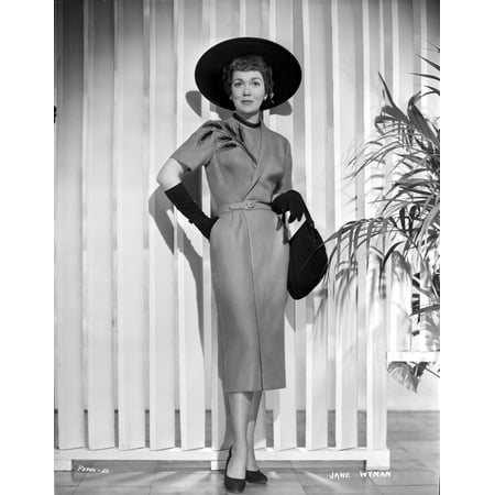 Jane Wyman Posed in Grey Short Sleeve Folded Top Silk Dress and Black Velvet Gloves with Black Hat while Right Hand Placed on the Back Photo (Best Place To Print Large Photos)