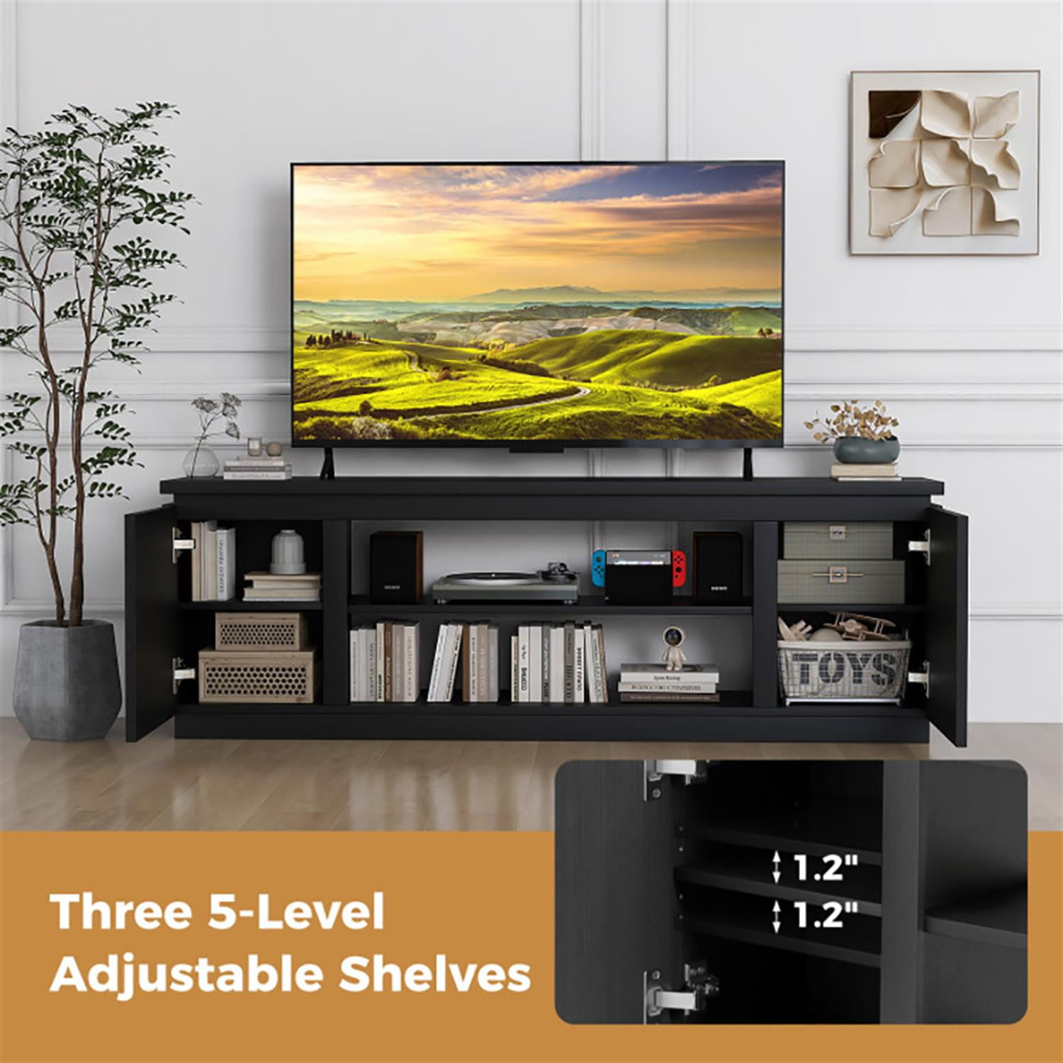 Demi Bonn TV Stand for 80" TVs, Entertainment Center with 3 Adjustable Shelves, Modern Media TV Console Table for Living Room Bedroom, Black