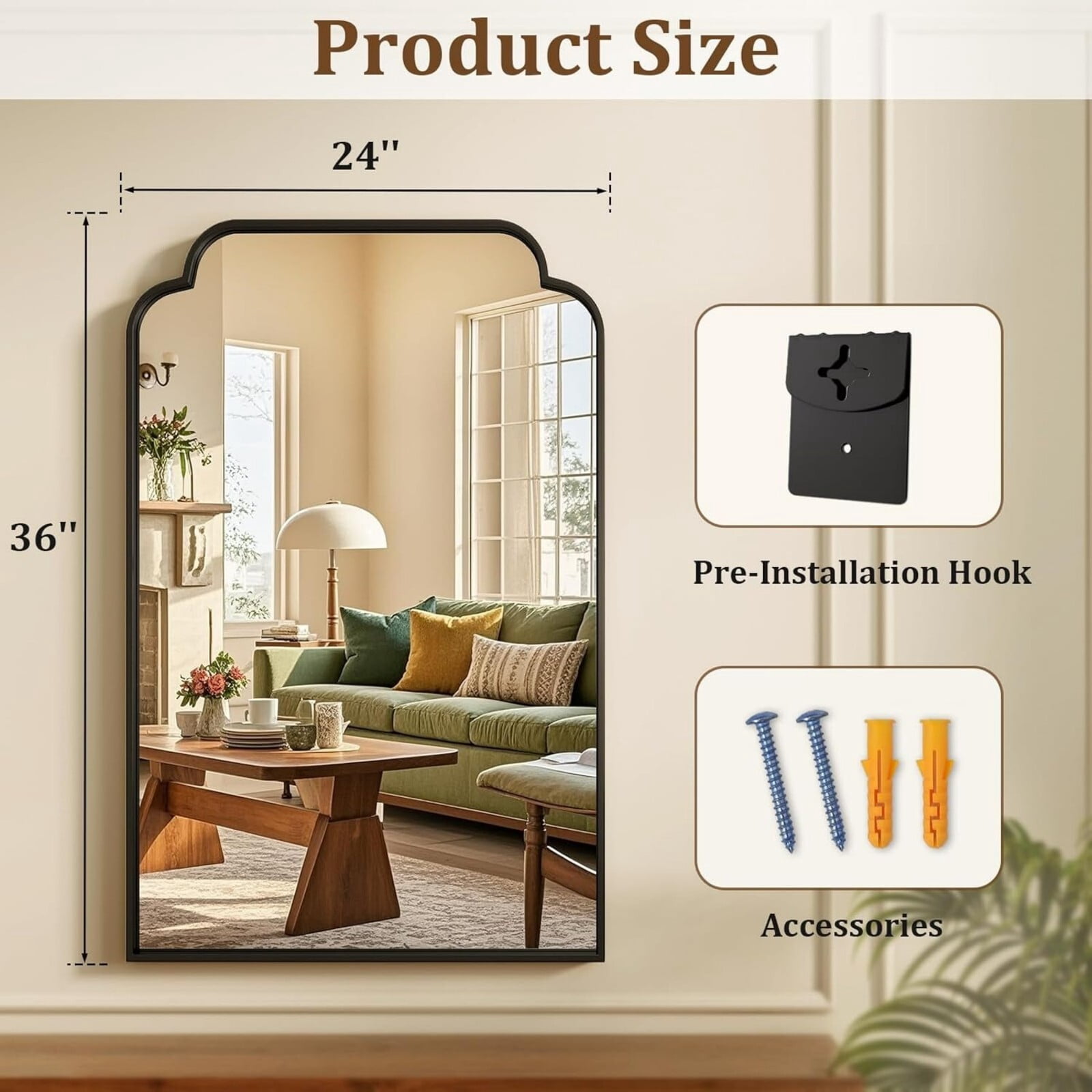 AUROMIR 36"x24" Arched Bathroom Mirror Modern Wall Mounted Mirror with Deep Frame, Black