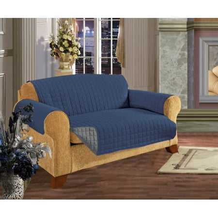 Reversible Quilted Furniture Protector Single Chair Seat Couch Pets Slip Cover Navy Blue &