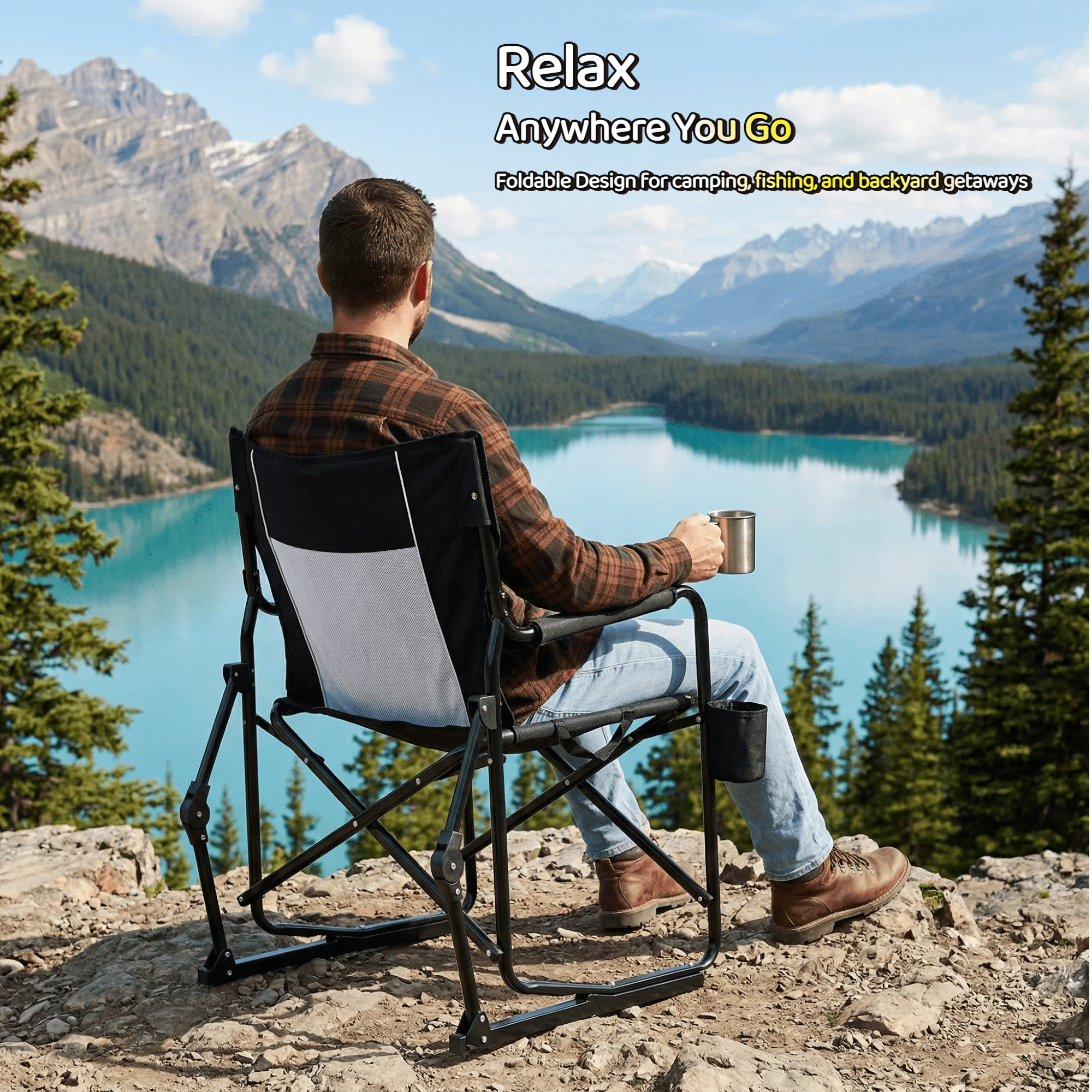 Blazezo Portable Folding Rocking Camping Chair, Outdoor Rocker with Drink Holder, Heavy Duty 400 lb Capacity, Breathable Mesh, for Lawn Patio