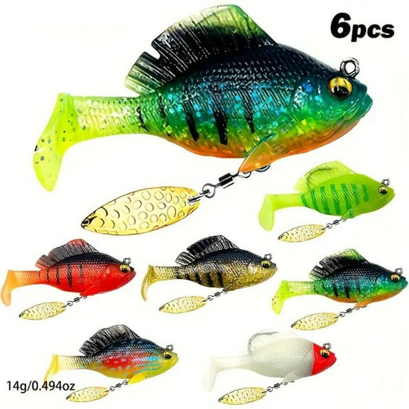 6Pcs Pre-Rigged Jig Head Soft Fishing Lures Paddle Tail Swimbaits/3D Eyes/Spinner Blades for Bass Fishing Hidden Ultra-Sharp Hook in The Top Fin Fishing Bait for Freshwater Saltwater