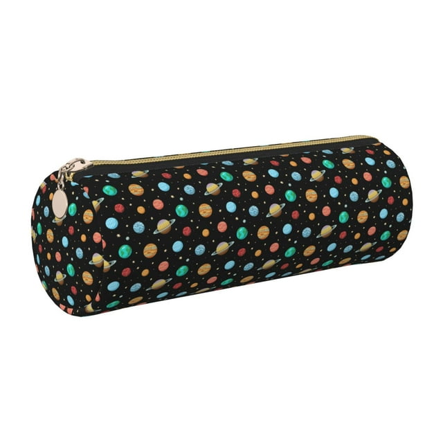 Honeii Solar System Planets Space Print Leather Pencil Case,Small Pencil Pouch,Durable Zippered Storage for School, Office, and Travel Essentials