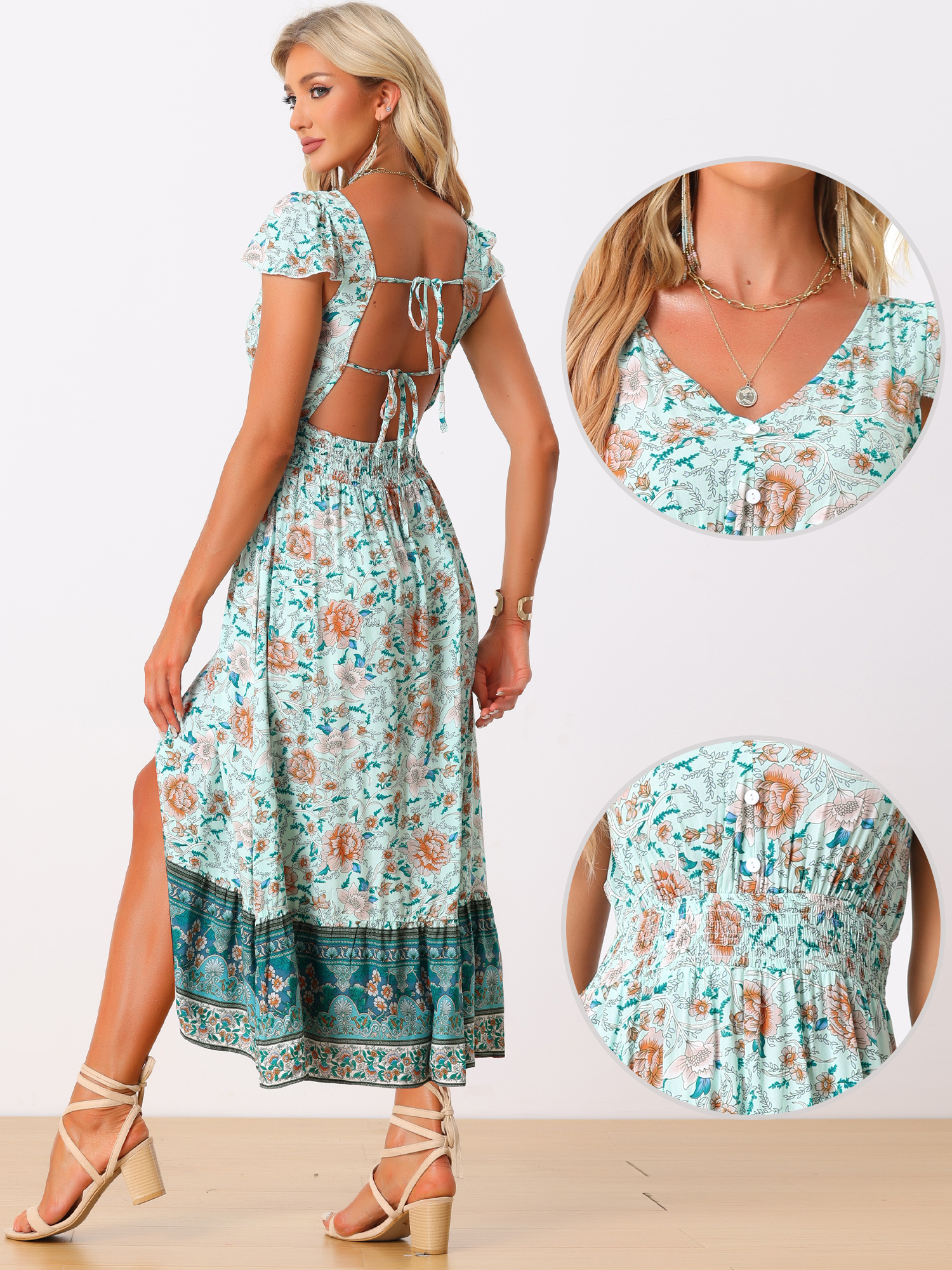 DARING DIVA V Neck Long Boho Floral Smocked Waist Dress S Green