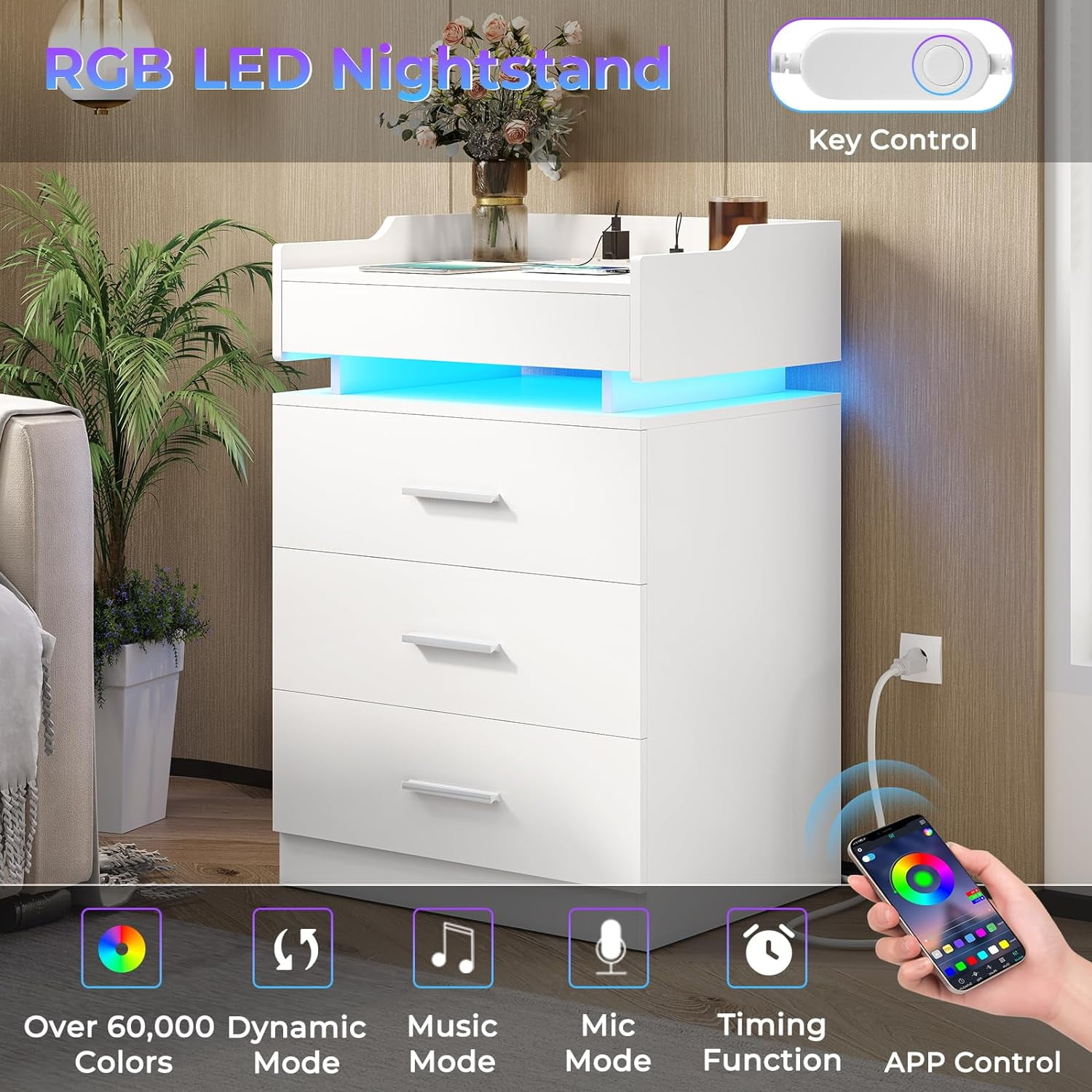 Afuhokles Nightstand with Charging Station and LED Lights, Night Stand with 3 Drawers, White