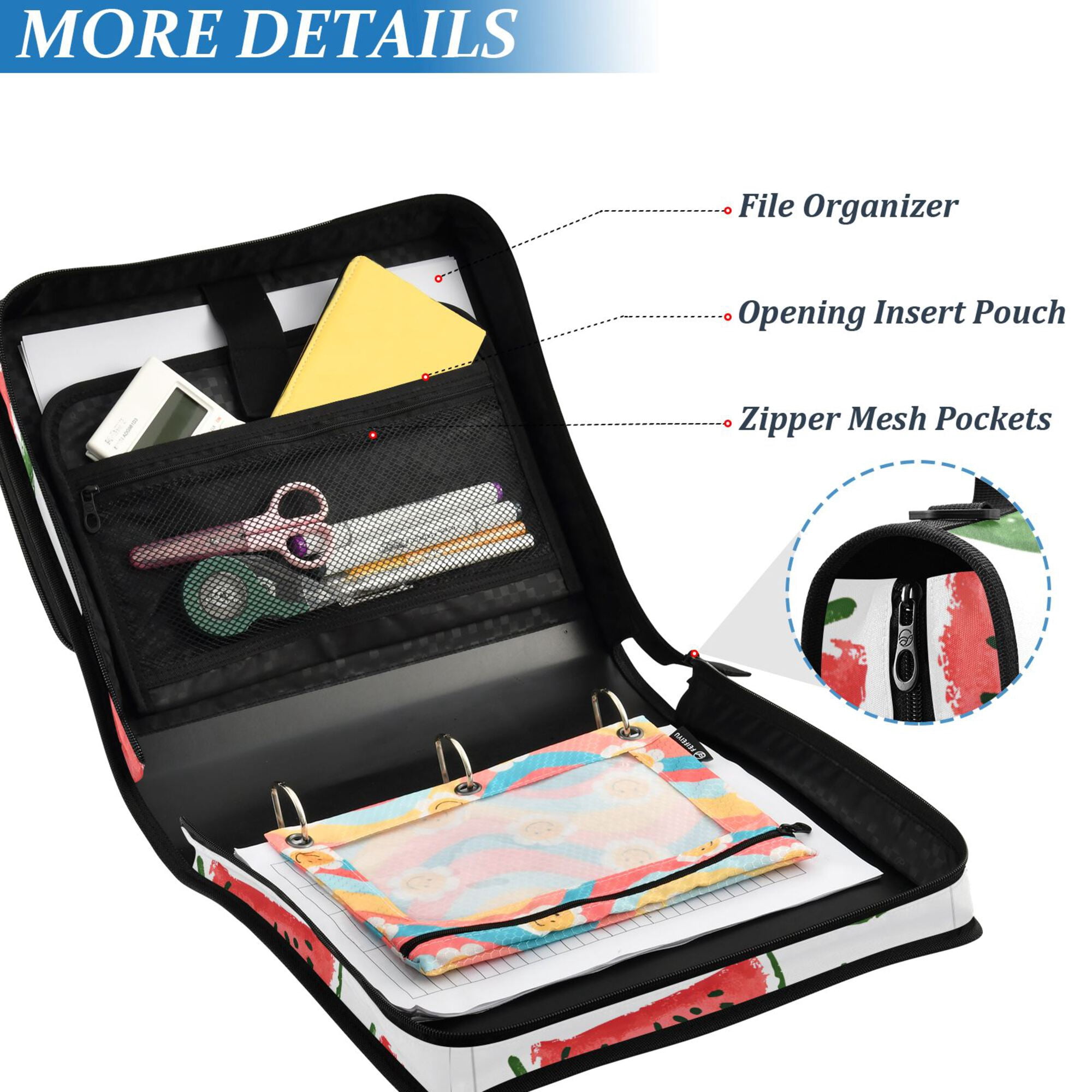 FORMRS Zipper Binder with Shoulder Strap 2-inch Ring 500 Sheet Capacity File Bag, Cute Watermelon