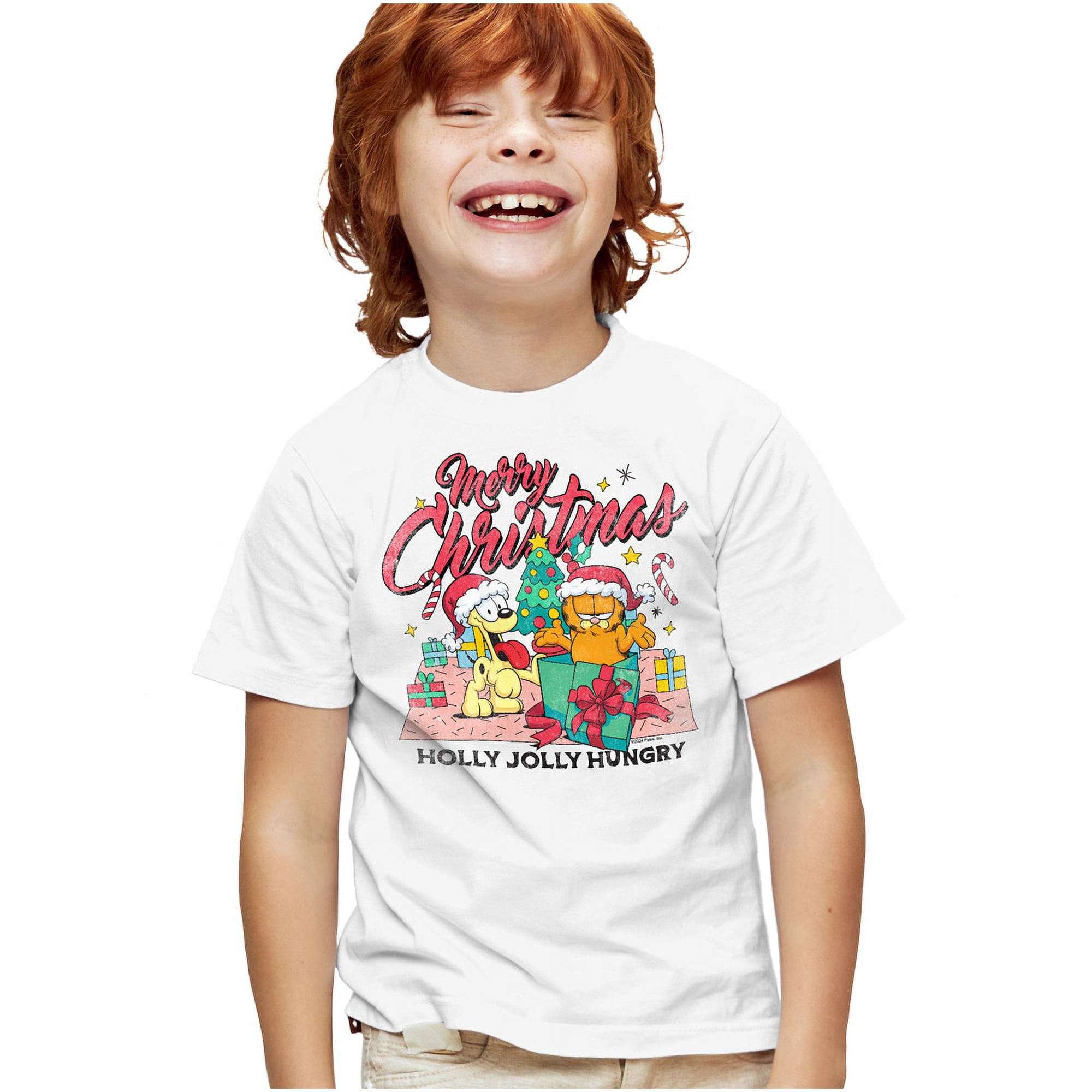 Garfield Merry Christmas Kids T Shirt for Youth Boys and Girls, White, Medium