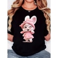 thumbnail image 1 of Camiseta negra de manga corta para mujer con estampado "Conejo con lazo guiñando el ojo", cuello redondo, ligera y cómoda, ropa informal, lavable a máquina, camiseta de moda de temporada | Camiseta co, 1 of 6