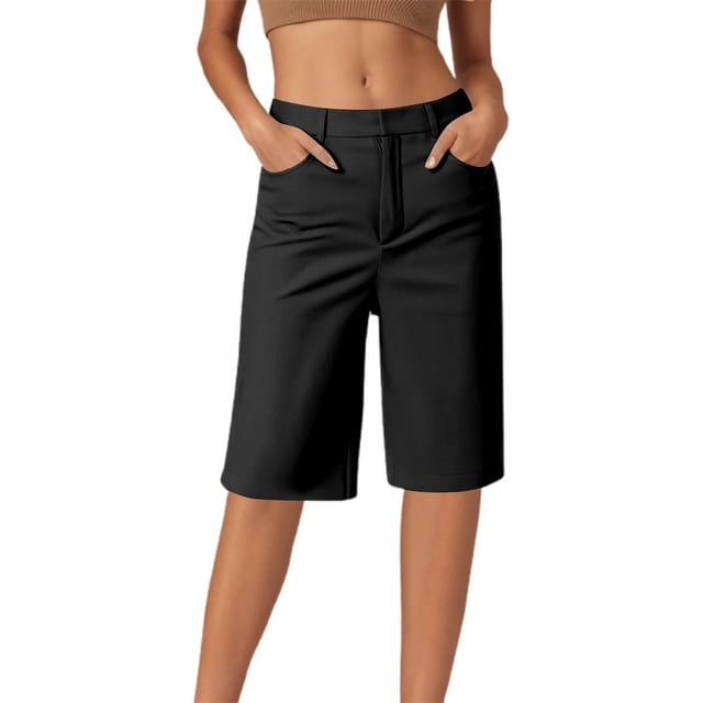 Pantalones cortos de sarga elástica para mujer, con pierna recta y 5 pulgadas de largo - Color liso, corte holgado, mezcla de poliéster y spandex para uso informal