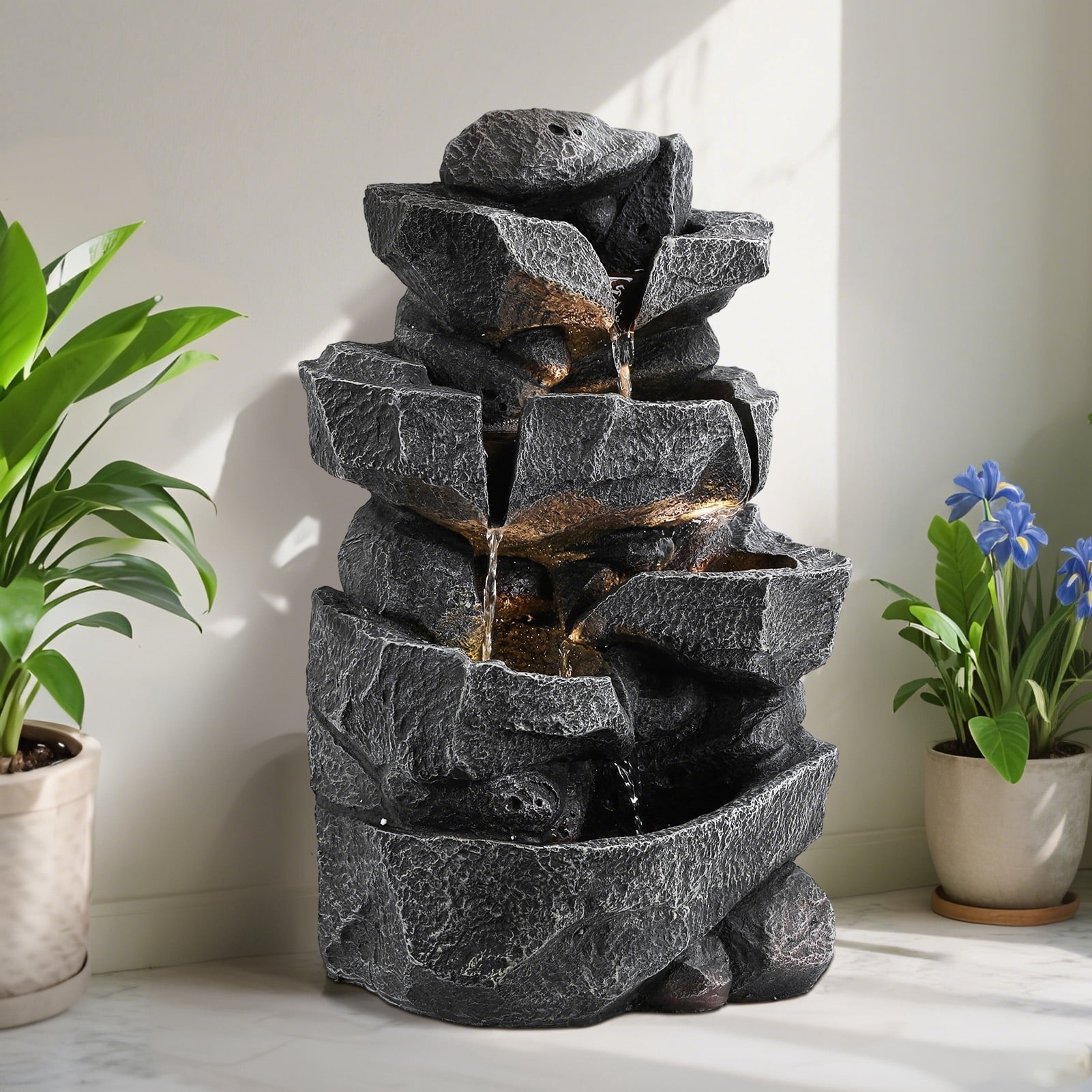 DJZ 5-Tiers Cascading Rock Water Fountain Outdoor Water Fountain Outside Patio Water Features Fountain with LED Light and Pump,Garden Waterfall Decor