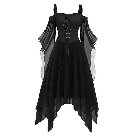 Ghost Of Christmas Past Costume,Women's Gothic Dress Vintage Chiffon Cold Shoulder Flare Sleeve High Low Dress,Black,S