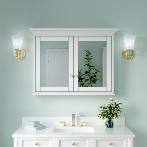 ANGELES HOME 40"x 30" Wall Mounted Medicine Cabinet with Double-Side Mirrors, Solid Wood Mirror Cabinet Storage with 4 Shelves and Soft-Close Door, Wood Medicine Cabinet with Mirror