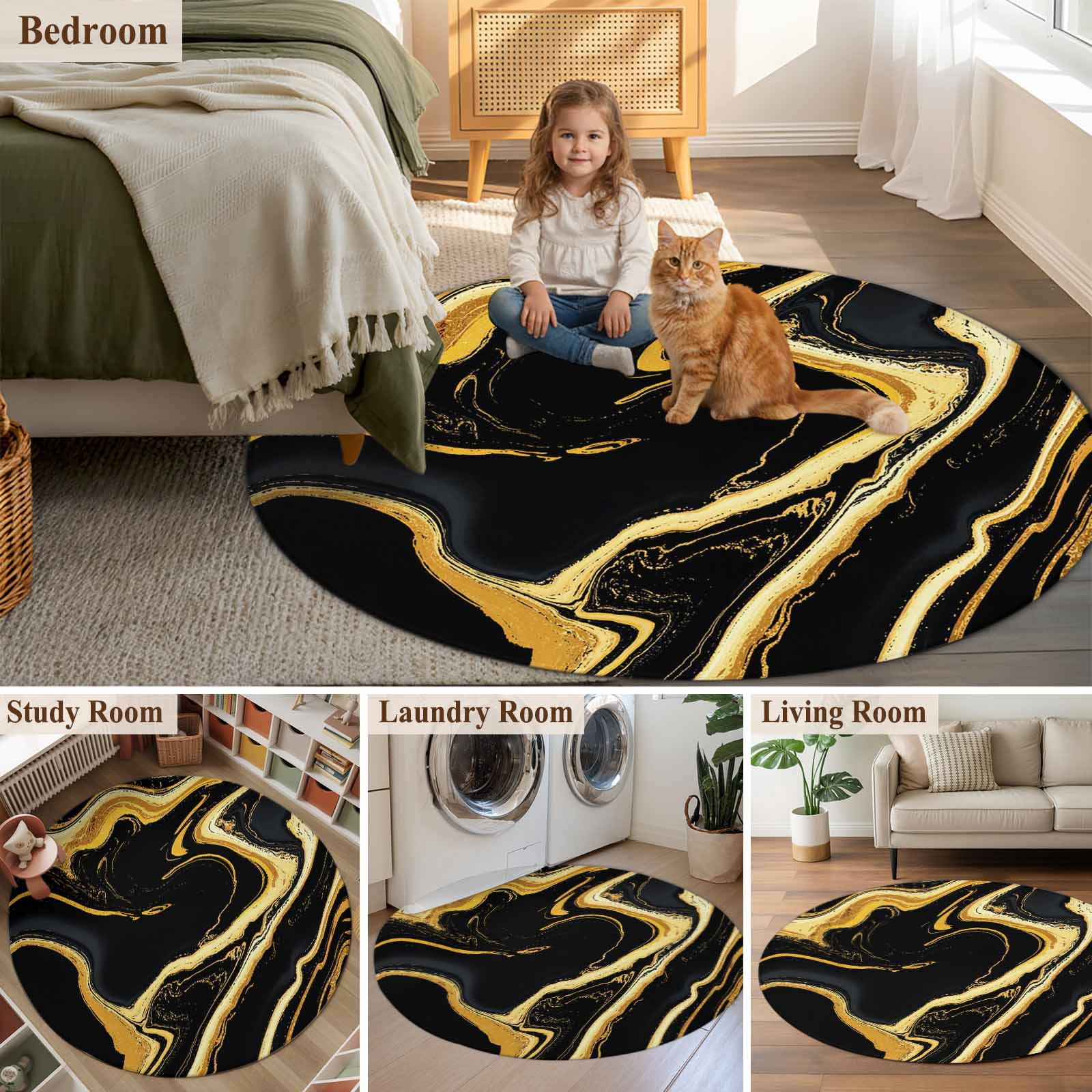 Black Gold Round Living Room Rugs 7 ft, Marble Luxury Abstract Glitter Fluid Pattern Washable Area Rug with Non-Slip Sturdy Edge Binding Round Carpet for Kitchen Office Bedroom