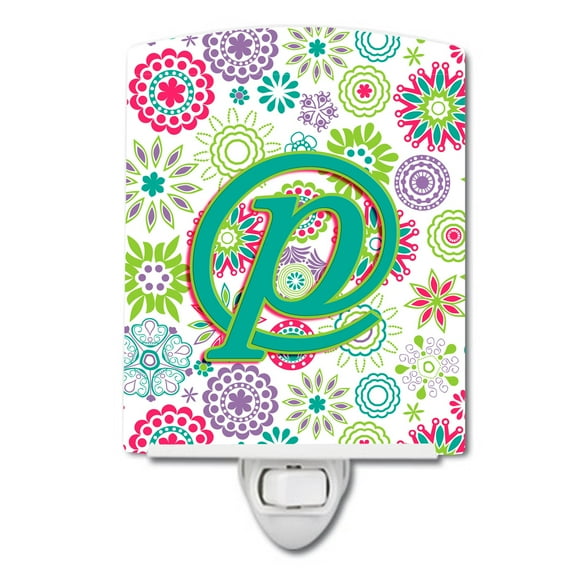Caroline's Treasures CJ2011-PCNL Letter P Flowers Pink Teal Green Initial Ceramic Night Light, 6x4x3", multicolor