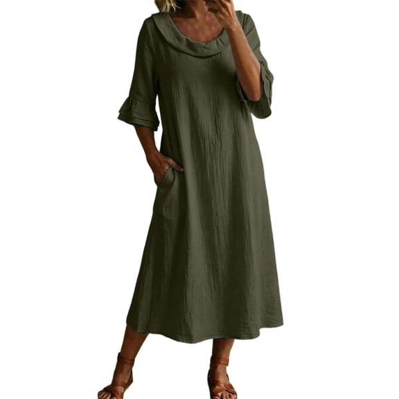 Kukoosong Women's 3/4 Sleeve Midi Dress, Cowl Neck Ruffle Cuff Flowy Dress, Casual Summer Beach Cotton Sundress Lightweight Side Pockets Loose Fit
