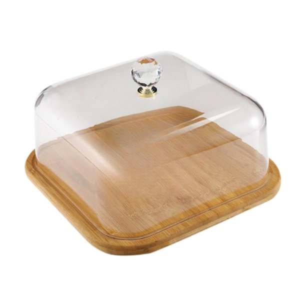 Bandeja para exhibición de pasteles, bandeja para exhibición de frutas, base de madera, plato para pasteles de madera cuadrado estable con tapa para