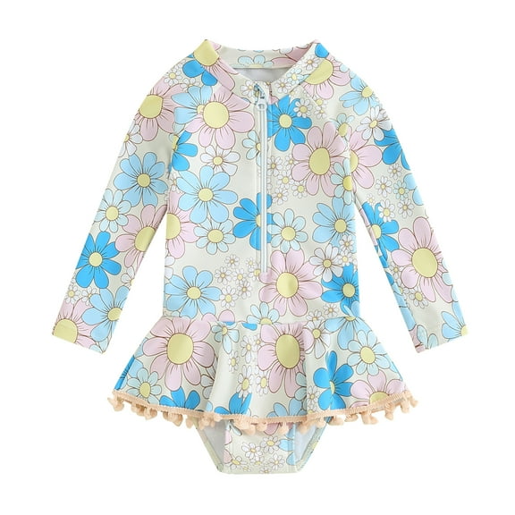 Bagilaanoe Toddler Baby Girl One-Piece Swimsuit Floral Print Long Sleeve Zipper Rashguard Swimwear 6M 12M 18M 24M 3T 4T Kids Ruffle Bathing Suit