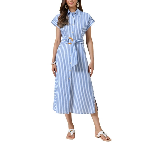INSPIRE CHIC Striped Dress for Women Casual Button Down Side Slit Belted A Line Summer Midi Dresses M Blue and White