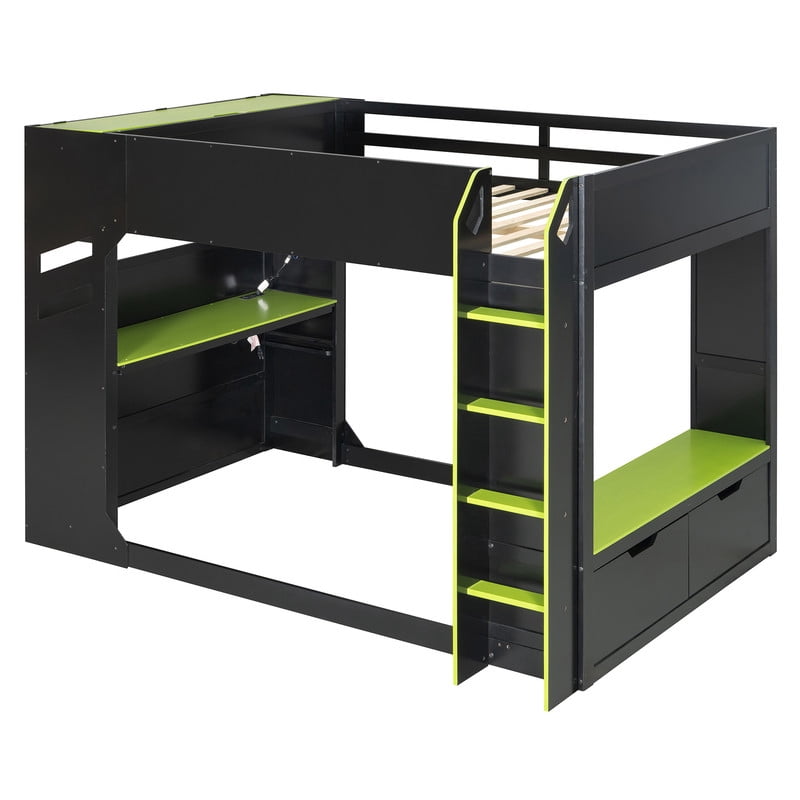 Full Size Wood Loft Bed with Height Adjustable Desk, RGB LED Lights & Storage Drawers, Gaming Loft Bed Frame with Headboard Cabinet, Hanging Rod for Bedroom