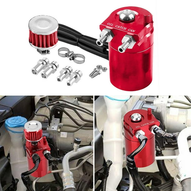 Baffled Car Oil Trap Catch Can Set with Air Filter Hose Fuel Tank Kit (Red)  