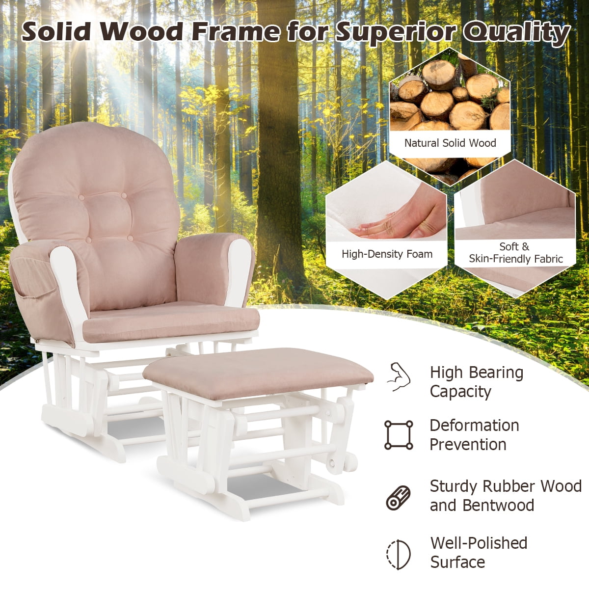 Infans Glider and Ottoman Cushion Set Wood Baby Nursery Rocking Chair Pink