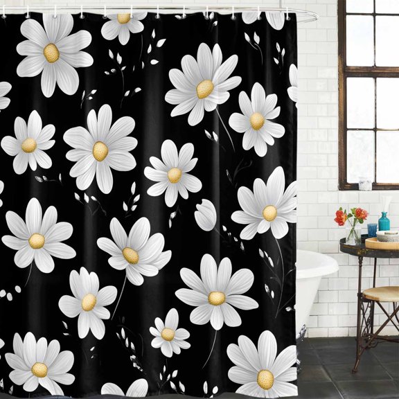 White Daisy Floral Waterproof Shower Curtain, 48"x72" Washable Polyester Fabric Shower Curtains for Bathroom, Spring Summer Flowers Black Decorative Bathtub Curtain Sets with Hooks