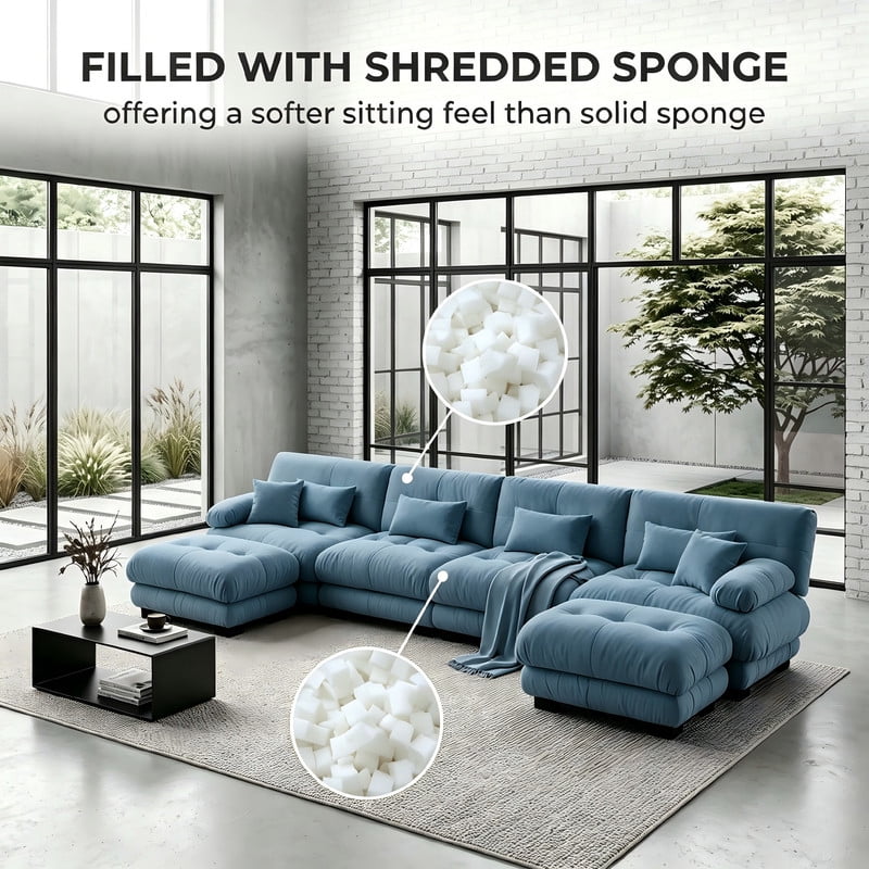 ANPPORT Cloud Couch Sleeper Sofa, Chenille Blue 4-Seater Modular Sofa with 2 Ottomans, 4 Lumbar pillows, 2 Pillows, Comfy Deep Seat Cloud Sofa, Convertible L-Shaped Floor Couch for Living Room