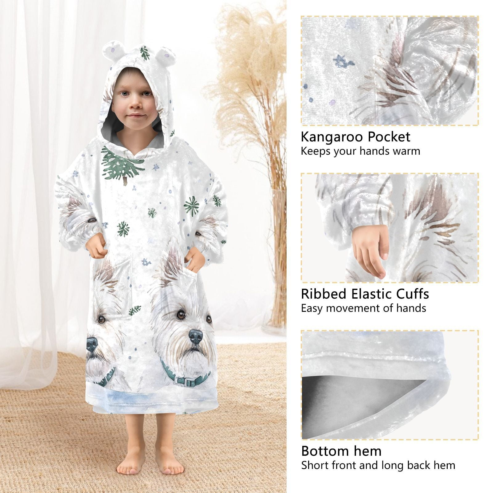 White Dogs Trees Oversized Wearable Blanket Hoodie Sweatshirt Flannel for Unisex Girls Boys