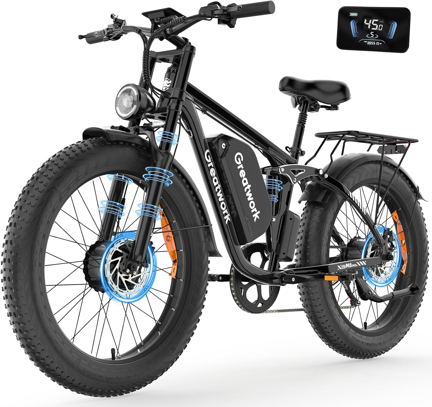 5000W Electric Bike for Adults, Max 45MPH 100 Miles, 26" x 4" Fat Tire E-Mountain Ebike, 52V 25Ah Full Suspension E-Bike, 7-Speed Bicycle, UL2849