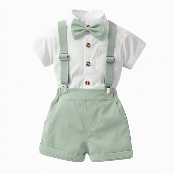 Toddler Formal Outfit Kid Gentleman Short Sleeve Shirt Bowtie Boy Suspender Shorts Wedding Suit Summer Clothes