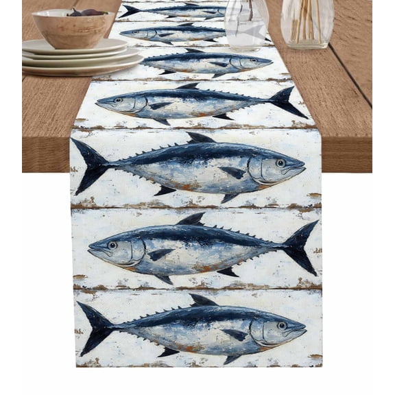 Nautical Coastal Fish Burlap Cotton Table Runner 13x36 Inches Short, Oil Painting Ocean Beach Farmhouse Table Runners, Outdoor Dining Tablecloths Decor for Baby Shower/Party/Wedding