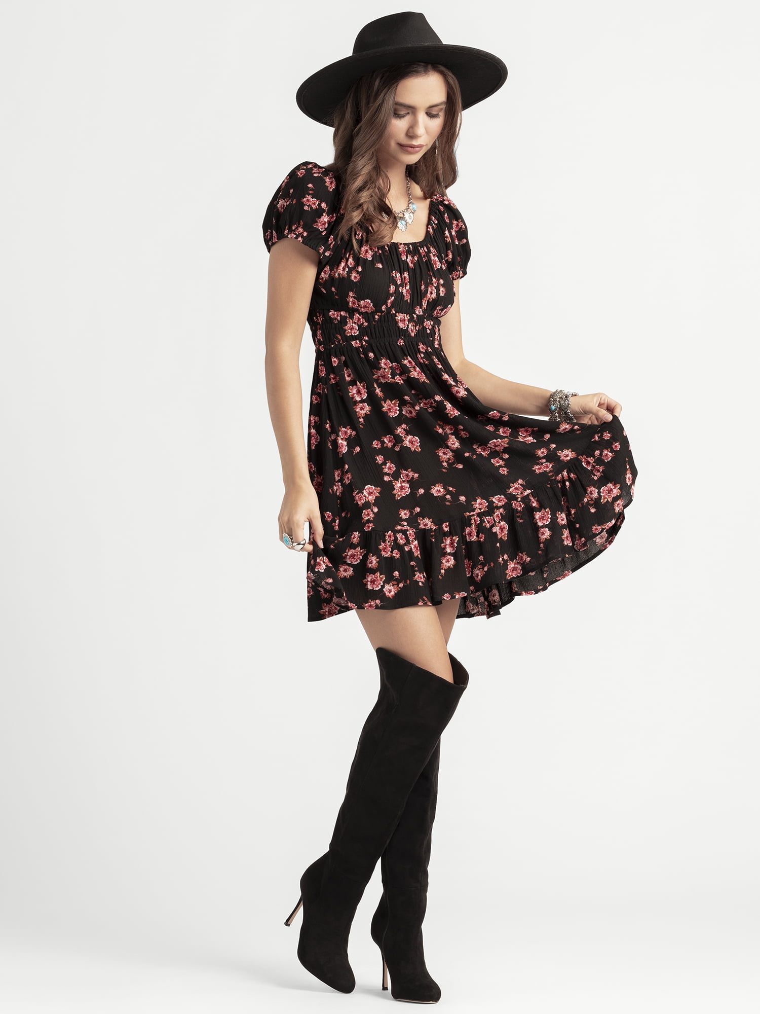Jessica Simpson Women's Leah Ruched Mini Dress with Puff Sleeves, Sizes XS-XL