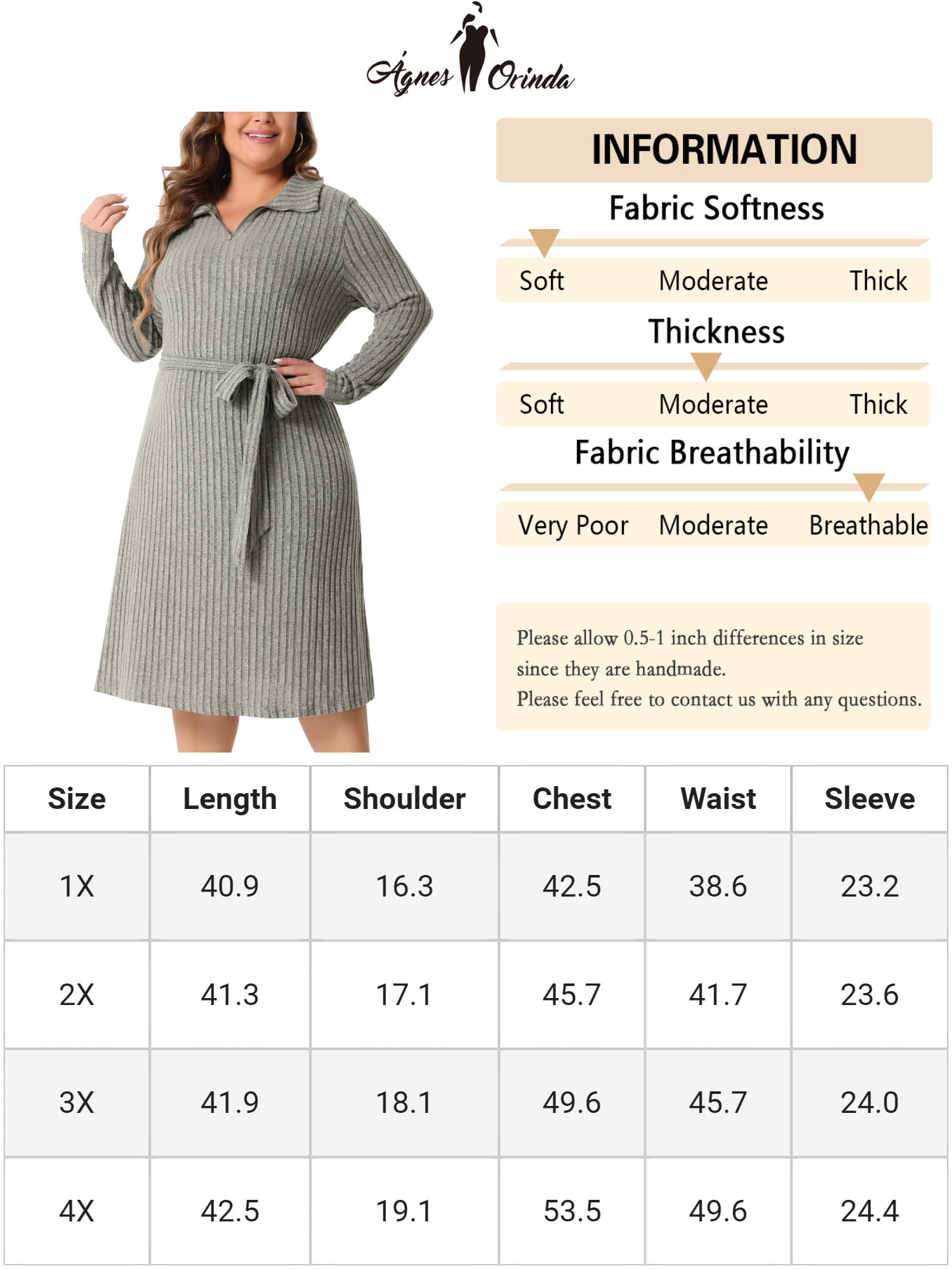 DARING DIVA Plus Size Ribbed Sweater Half Zip Front and Tie Waist Dress 1X Grey