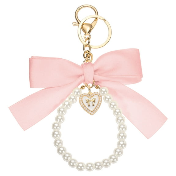 Ribbon Bow Keychain, Cute Pearl Wristlet Keychain, Bag Accessories Bow Charm Heart Pendant, Light Pink