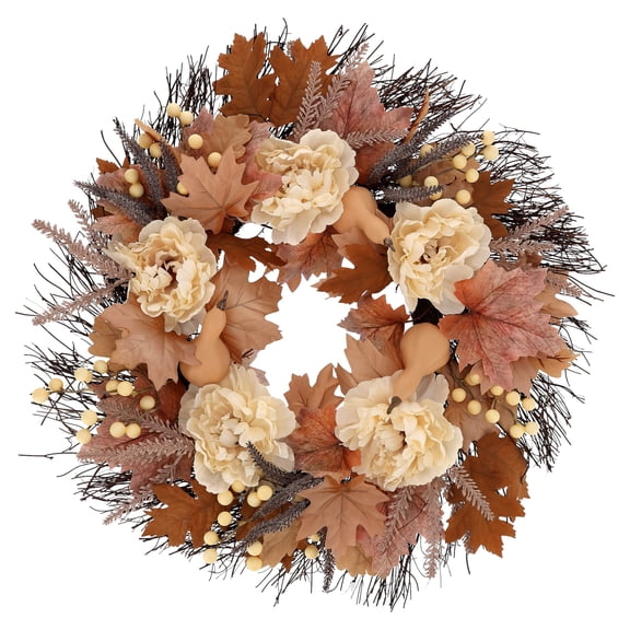 Maple Leaves and Peony Wreath, Cream and Brown, 22", Fall by Way To Celebrate